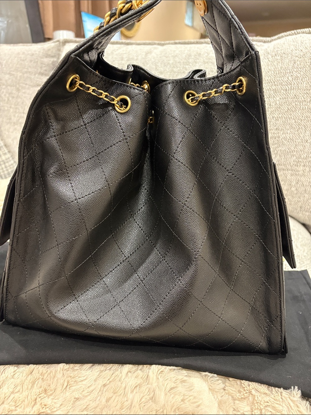 Black Quilted Medium 25 Leather Drawstring Tote with Gold CC Chain - Picture 5 of 10